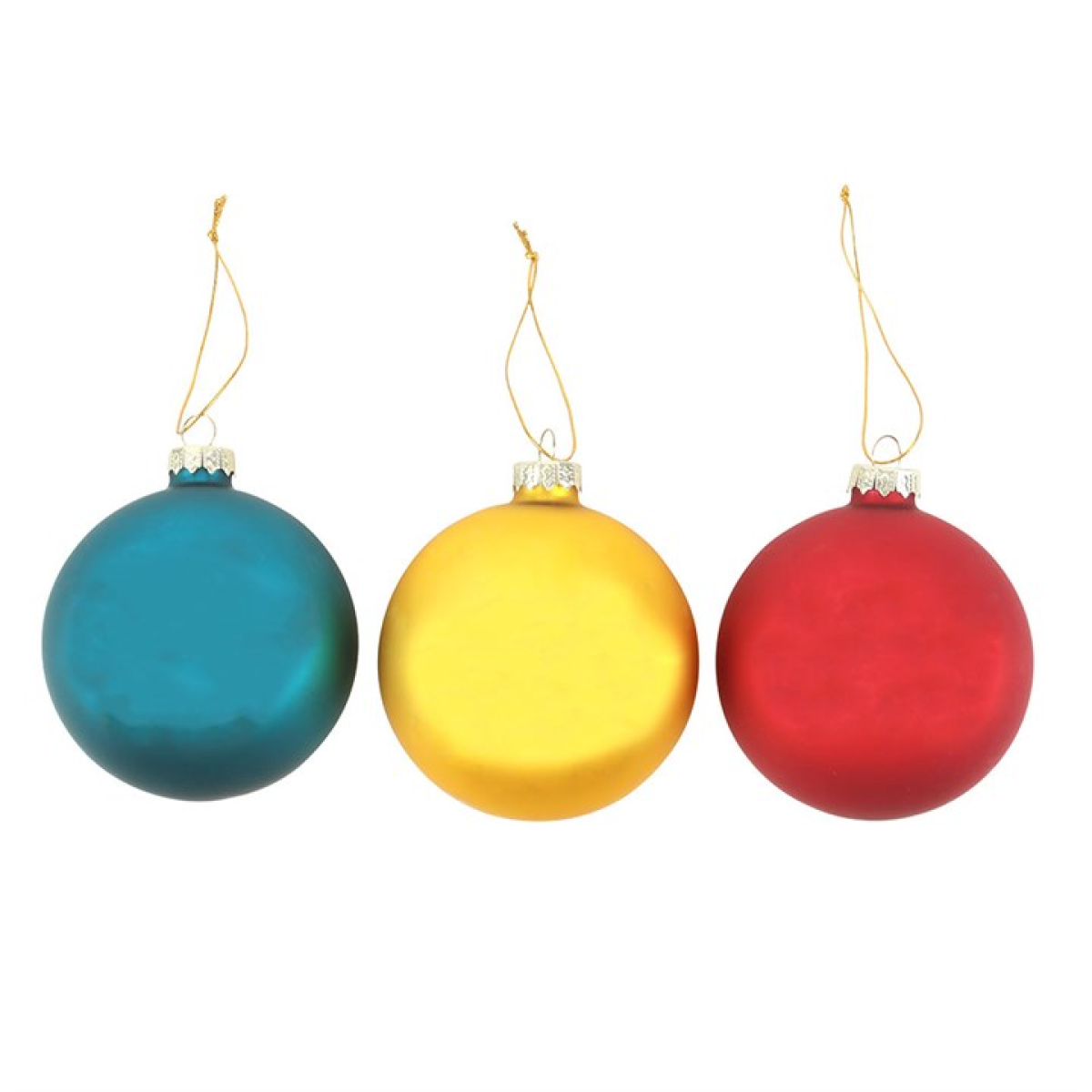 Three colorful Christmas ornaments (blue, yellow, red) on a white background