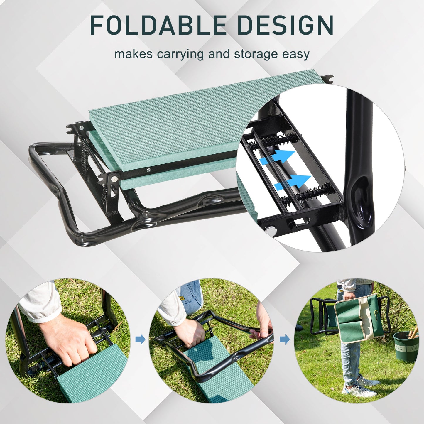 Foldable Steel Frame Garden Kneeler Seat with Foam Pad and Tool Pouch - Green-4