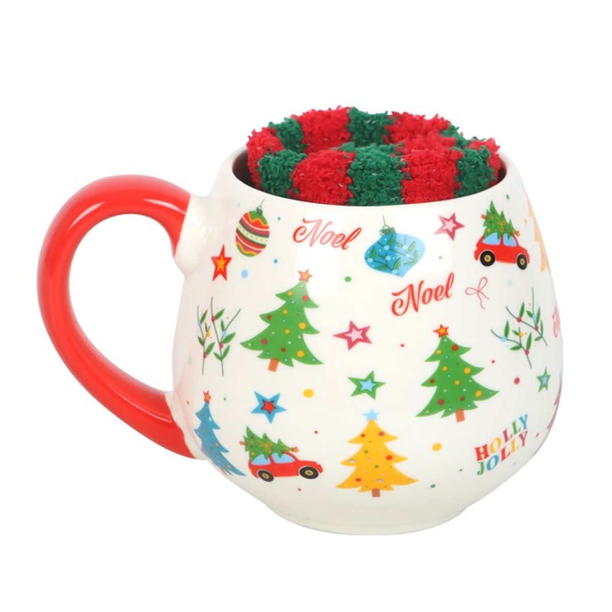 Christmas-themed mug with festive design on a white background