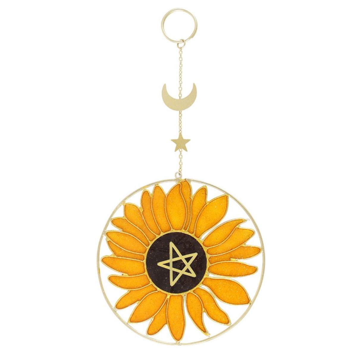 Decorative sunflower-shaped ornament with pentagram in the center, hanging on a white background.