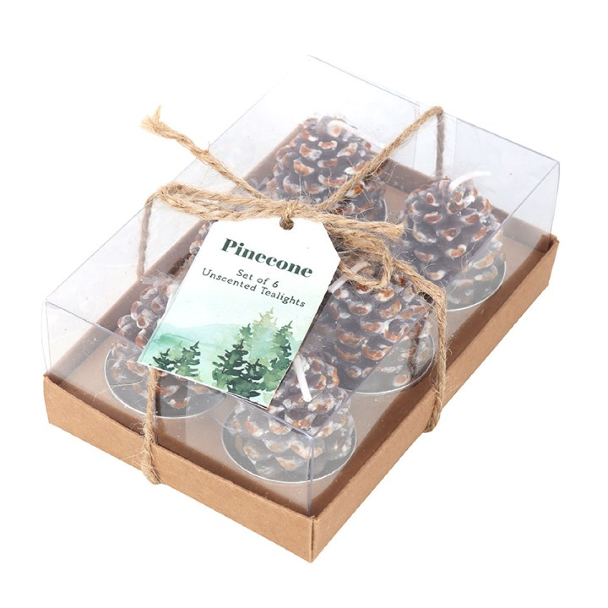 Set of six pinecone-shaped tealights in a clear and brown box with a tag.