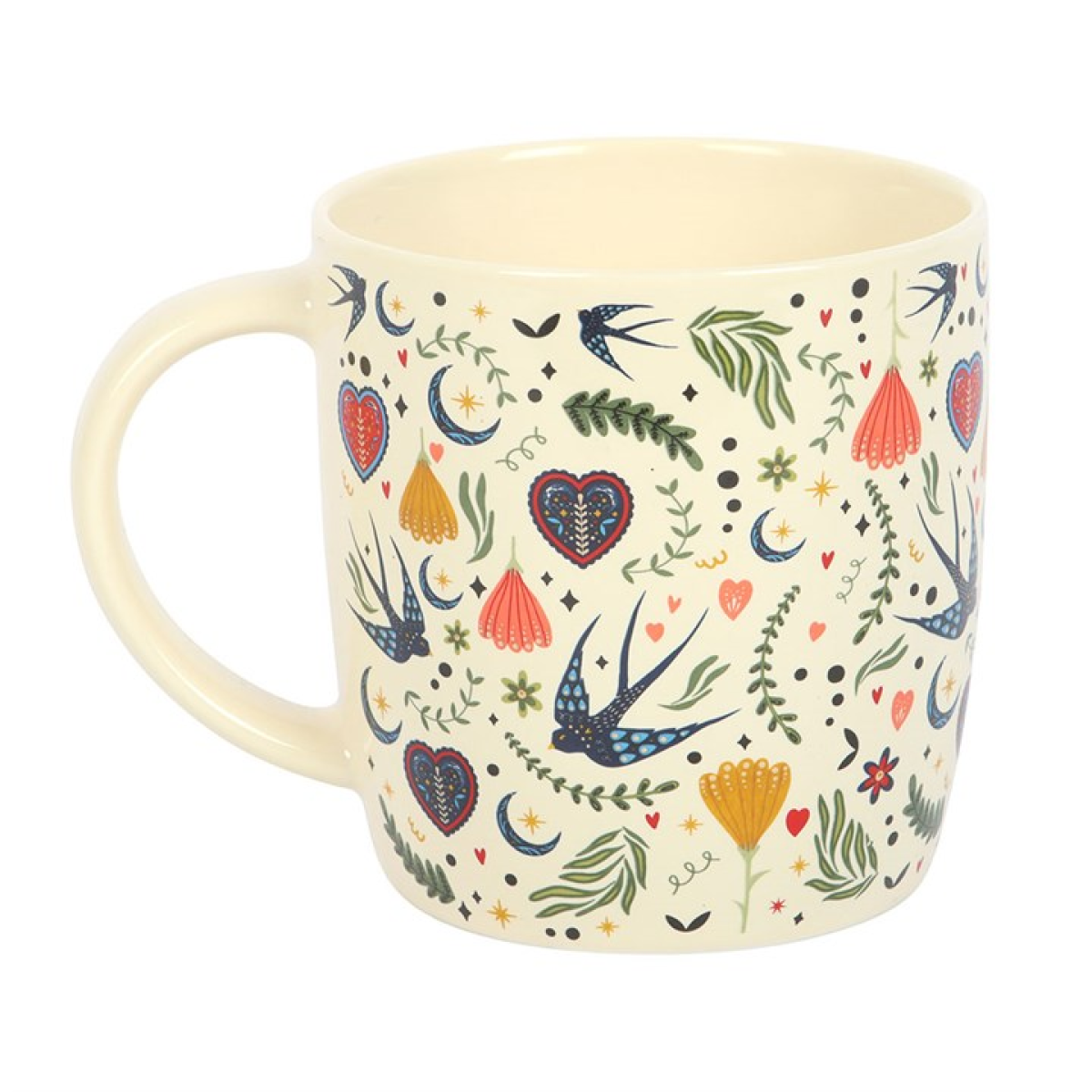 Mug with colorful floral and bird pattern on a white background