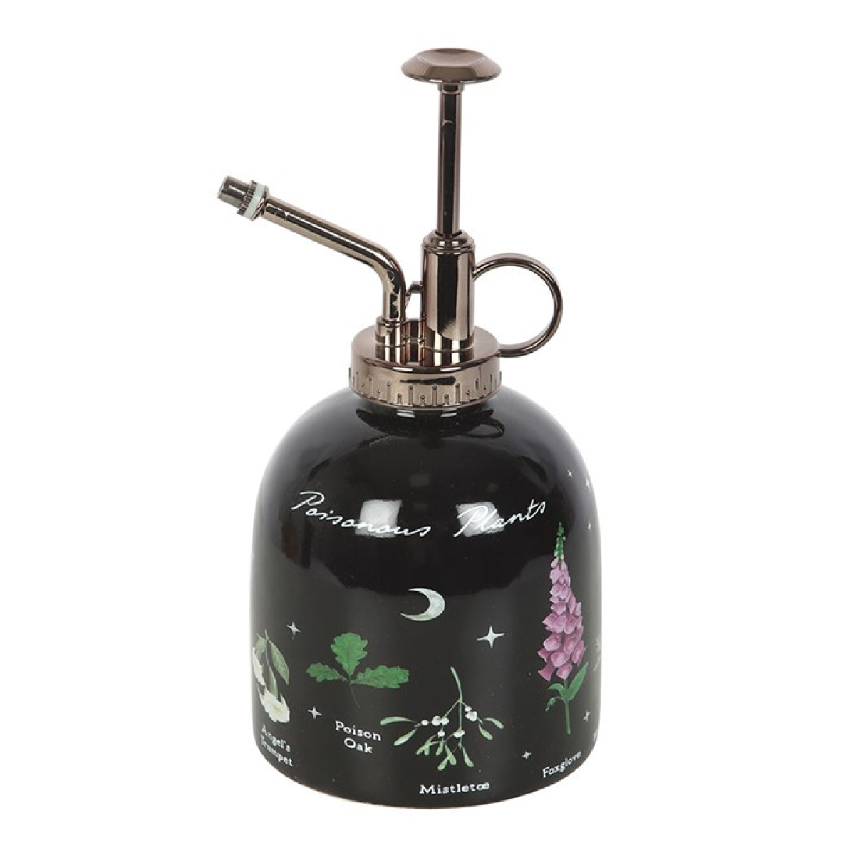 Black spray bottle with botanical illustrations on a white background