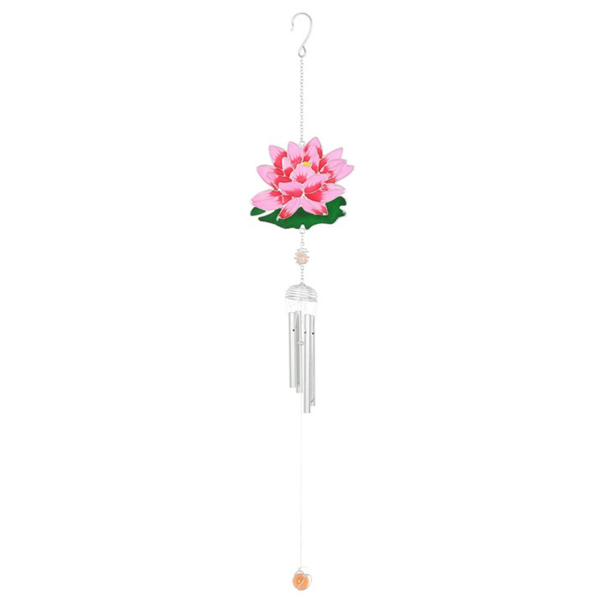 Decorative wind chime with pink lotus flower design on a white background
