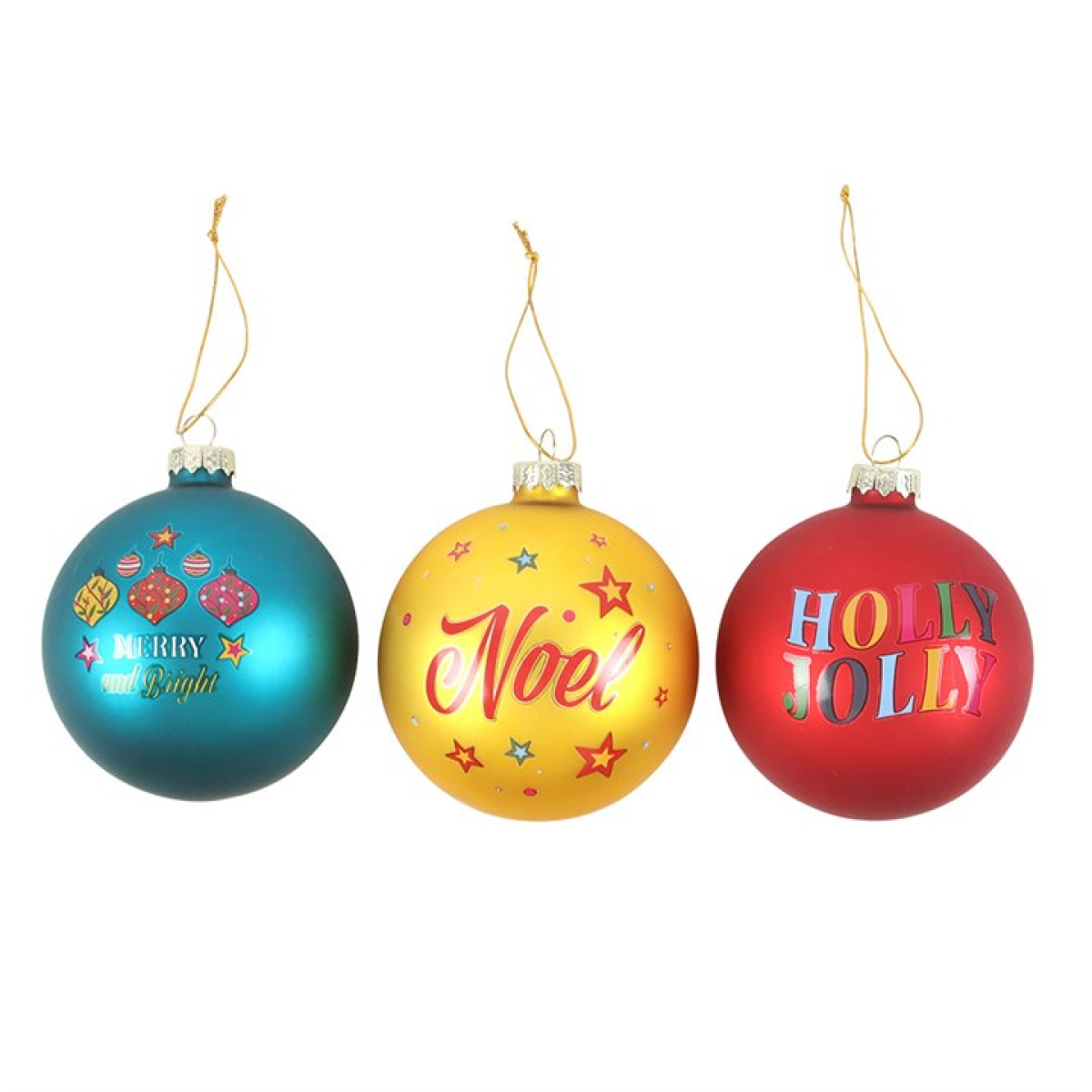 Three colorful Christmas ornaments with festive text on a white background