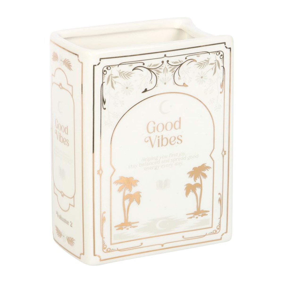 Decorative book vase with 'Good Vibes' text and palm tree designs on a white background