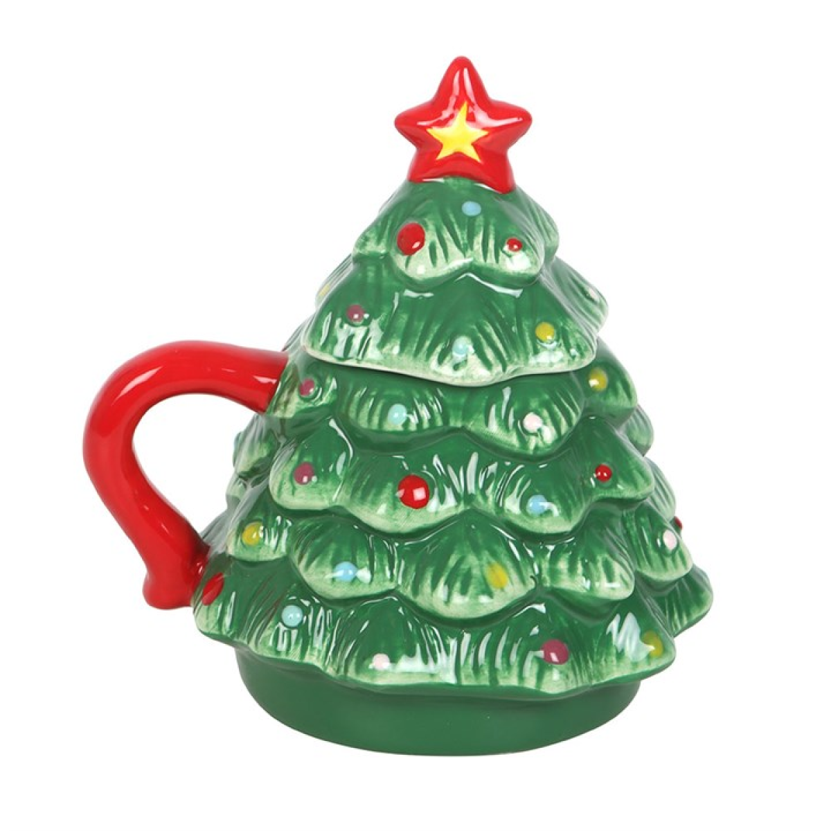 Christmas tree-shaped mug with red handle and star on a white background