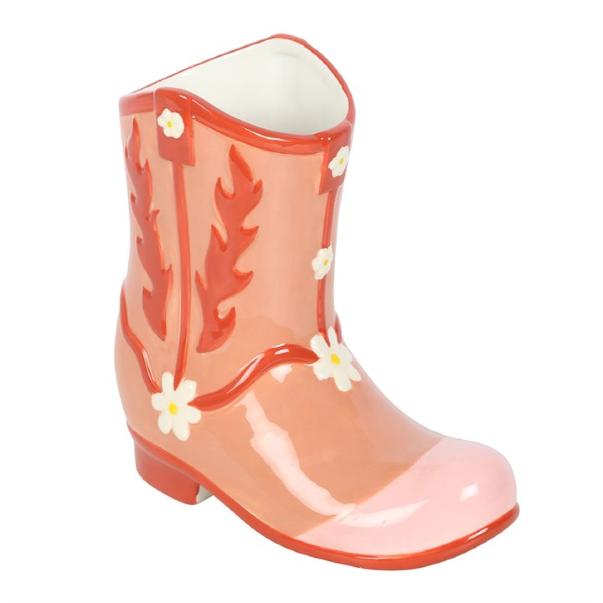 Pink rain boot with floral design on a white background