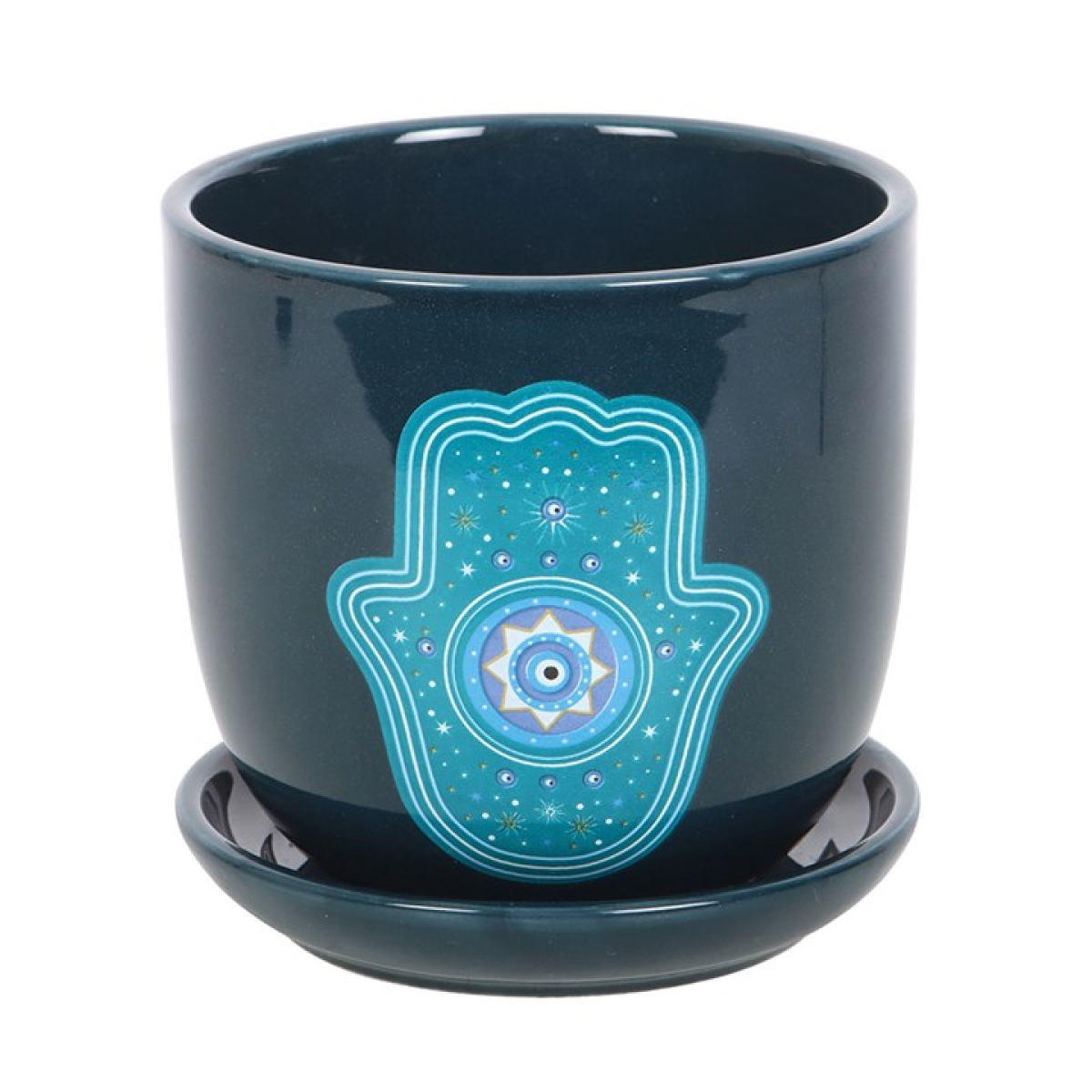 Navy blue ceramic pot with a blue Hamsa hand design on a white background