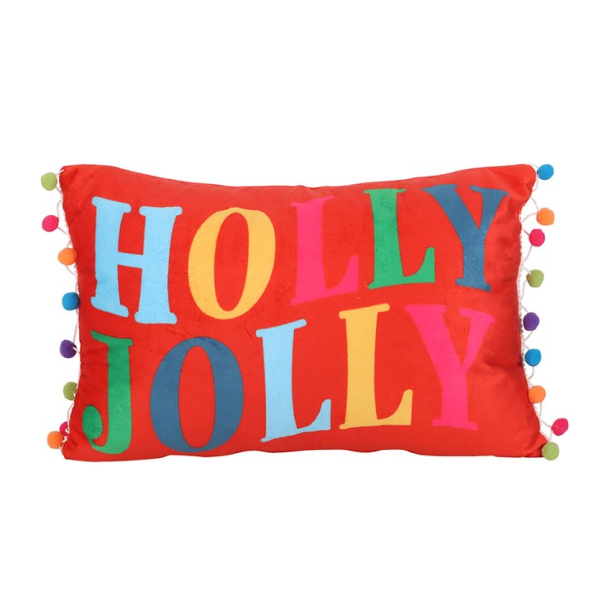 Red pillow with colorful 'Holly Jolly' text and pom-pom trim on a white background