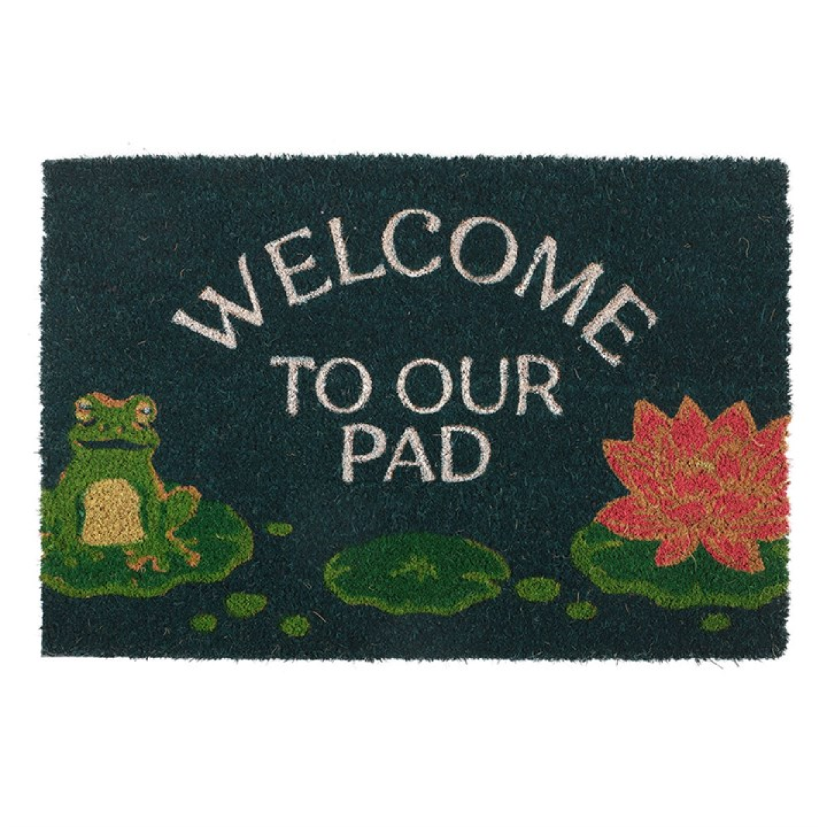Doormat with frog and water lilly design and 'Welcome to our pad' text