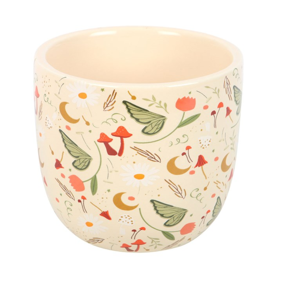 Ceramic mug with nature-themed design on a white background