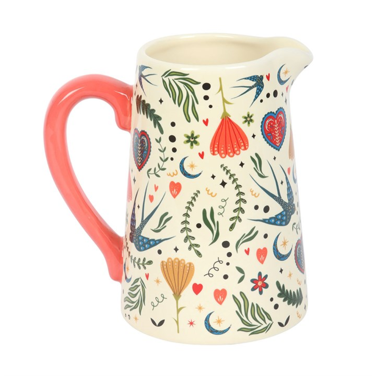 Ceramic pitcher with floral pattern and red handle on a white background