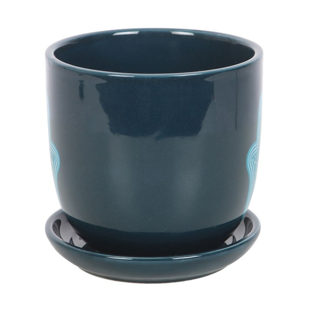 Teal ceramic planter with matching saucer on a white background