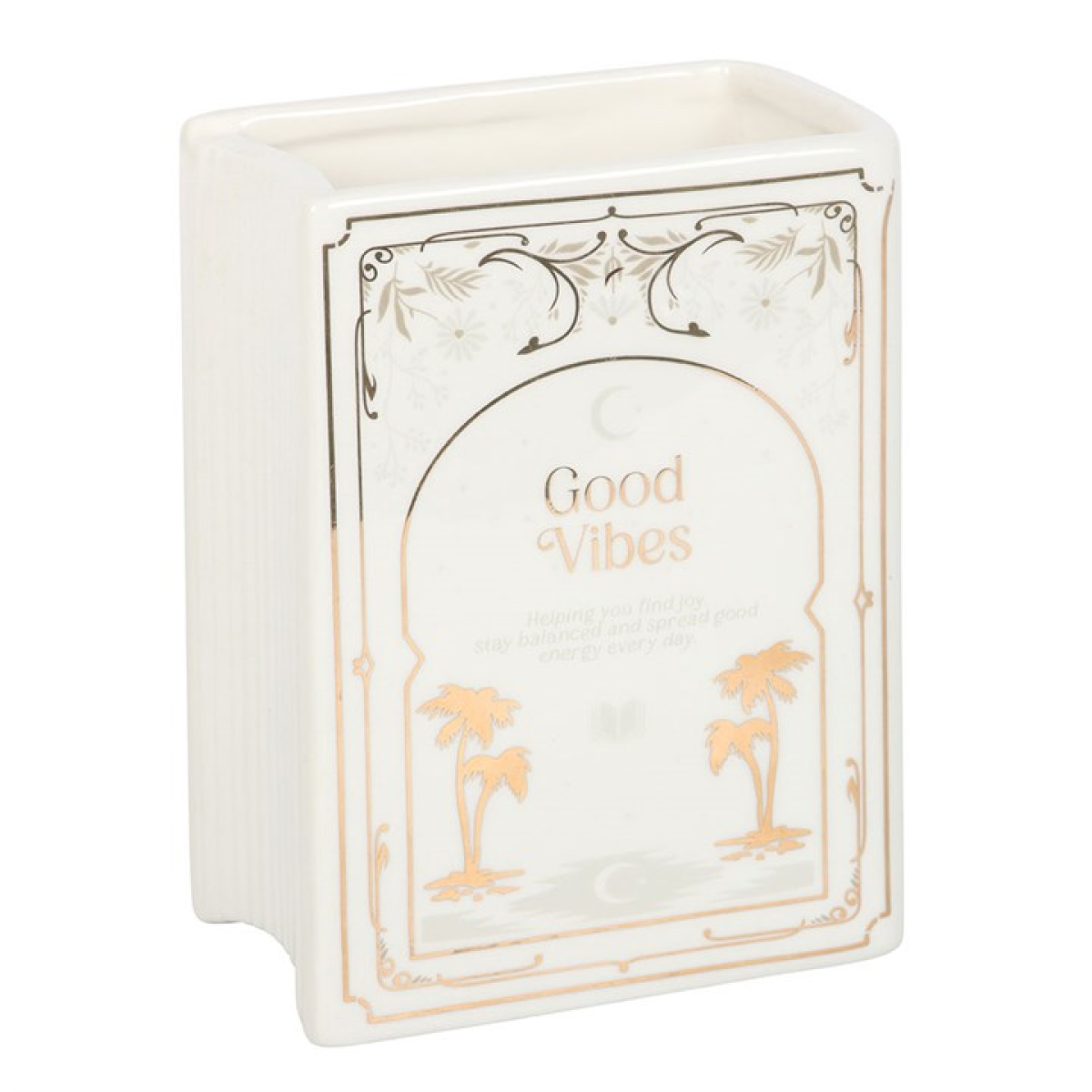 Decorative book vase with 'Good Vibes' text and palm tree designs on a white background