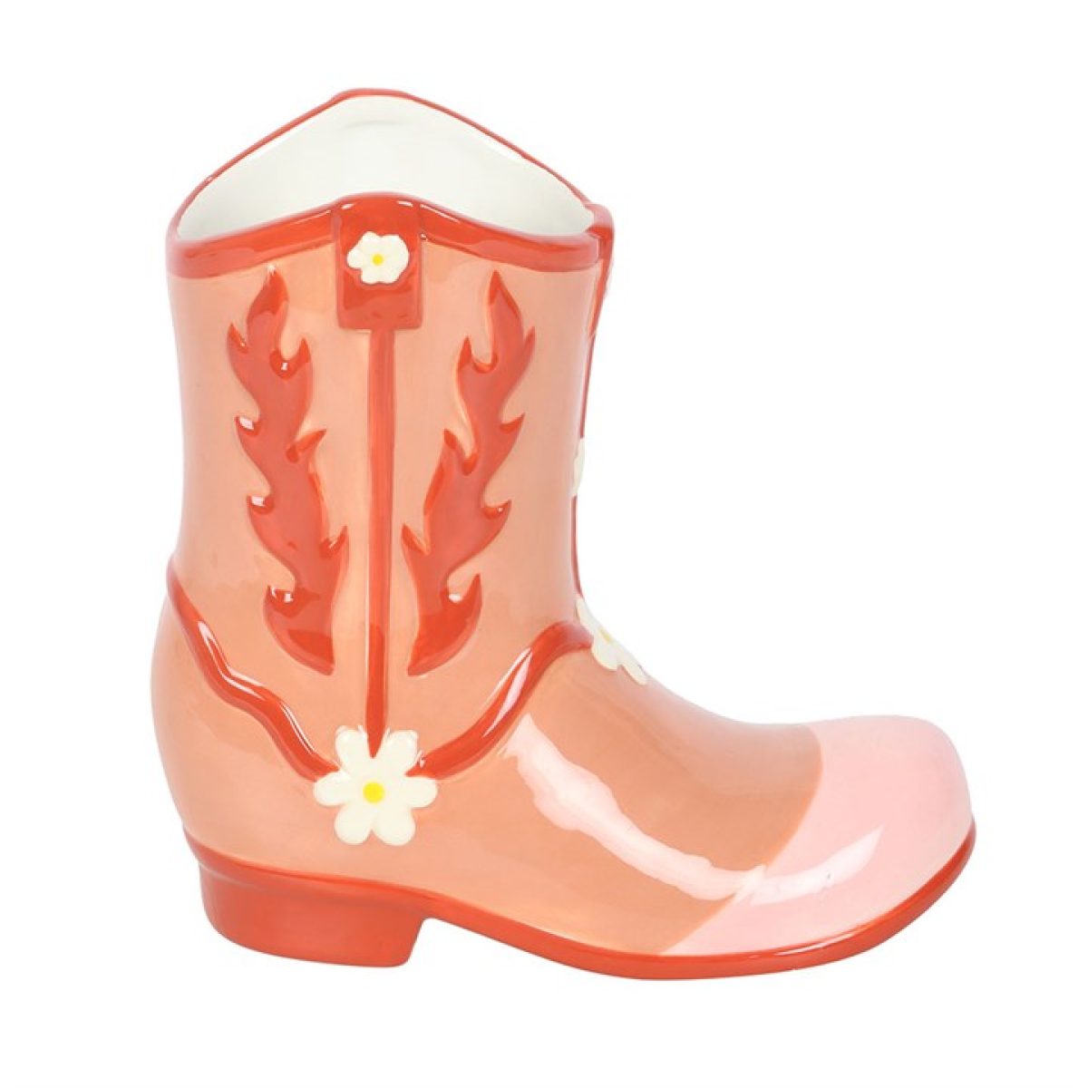 Pink rain boot with floral design on a white background