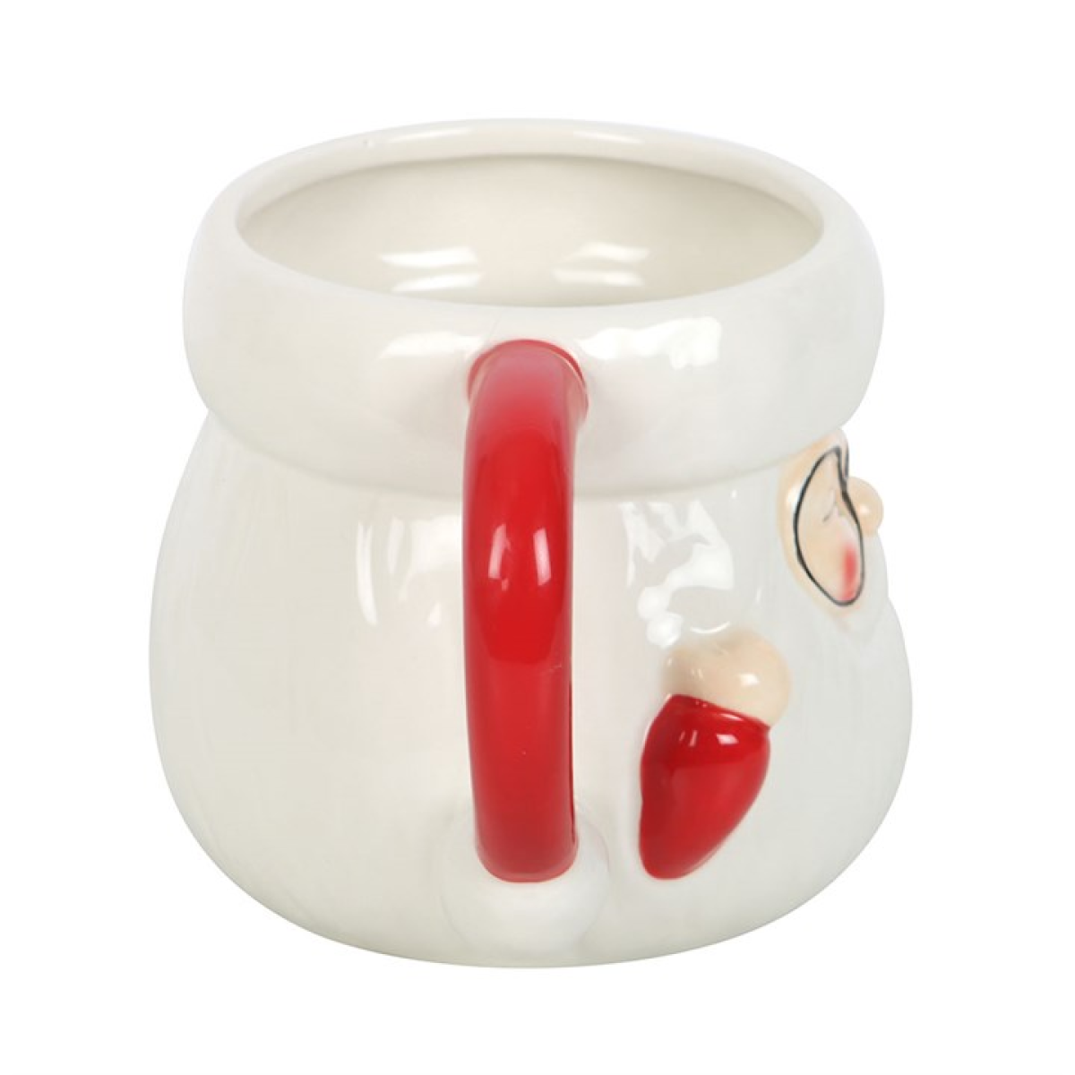 White mug with a red handle on a white background
