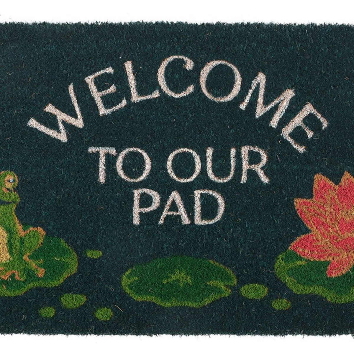 Doormat with 'Welcome to our pad' text and frog and lily pad design.