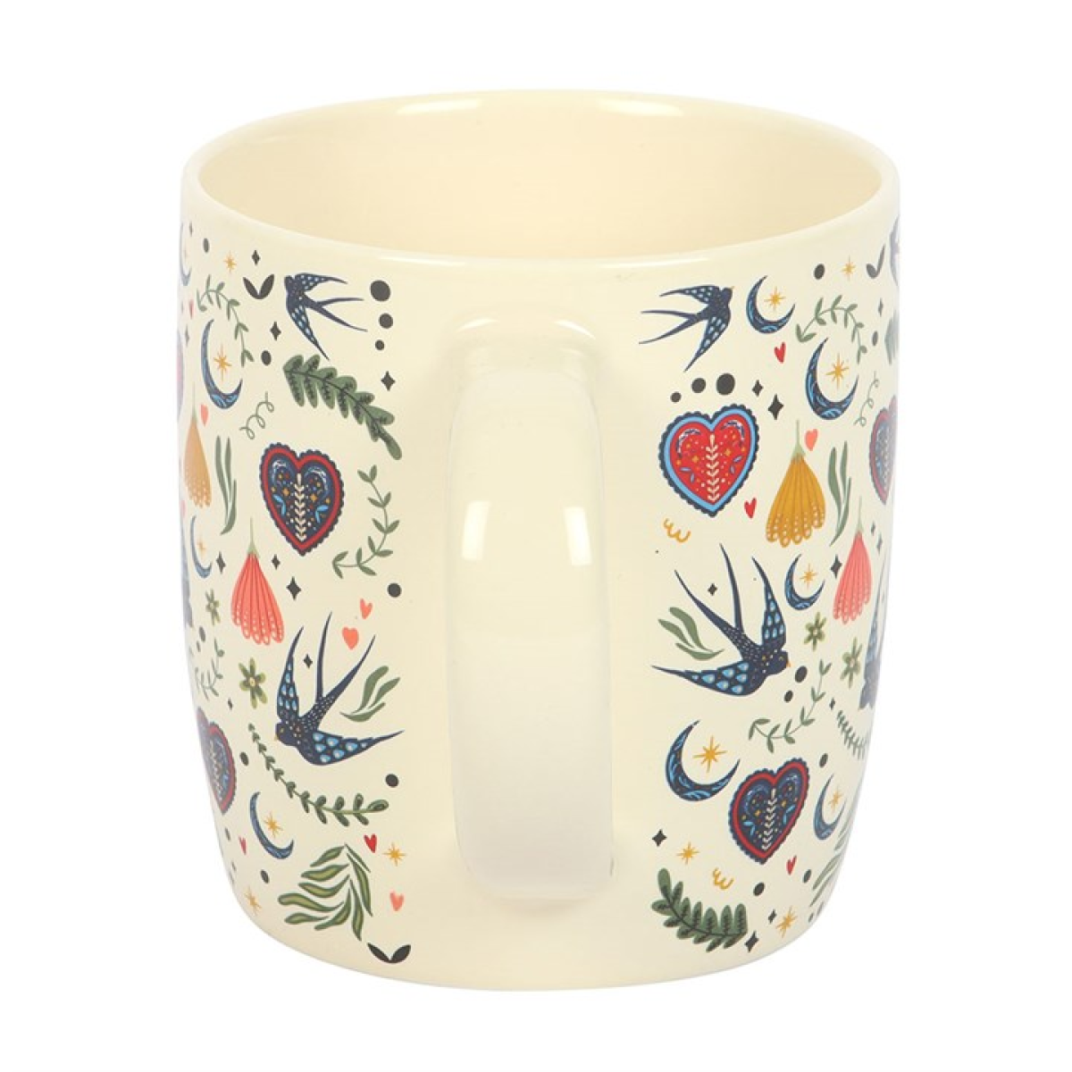 Decorative mug with colorful patterns on a white background