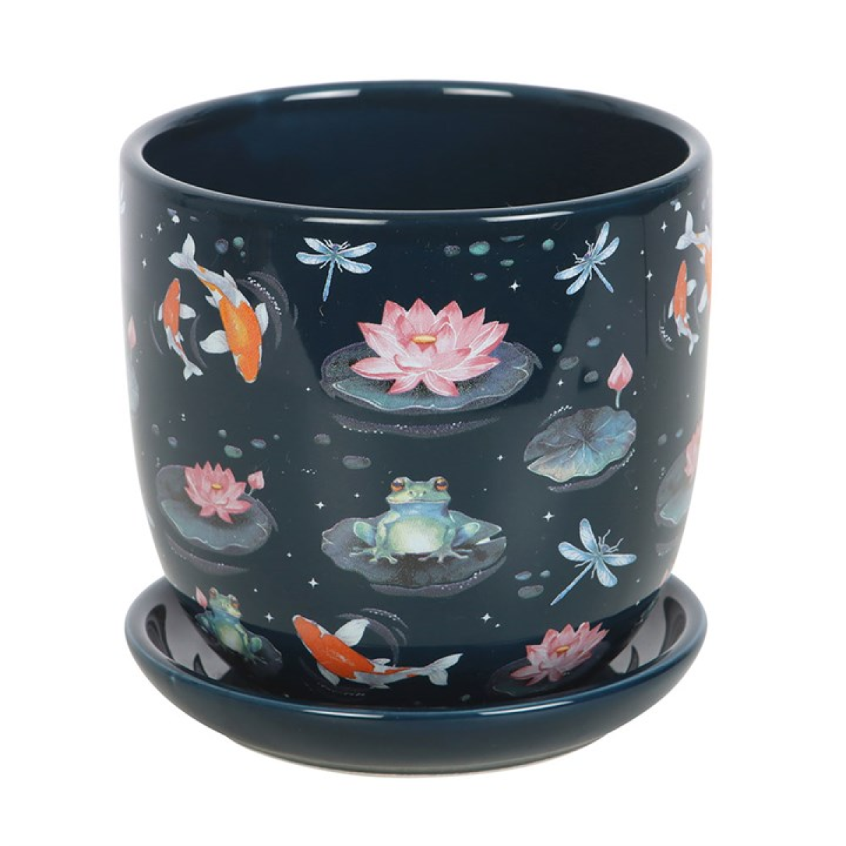Decorative pot with pond scene featuring fish, lotus flowers, and frogs on a dark background.