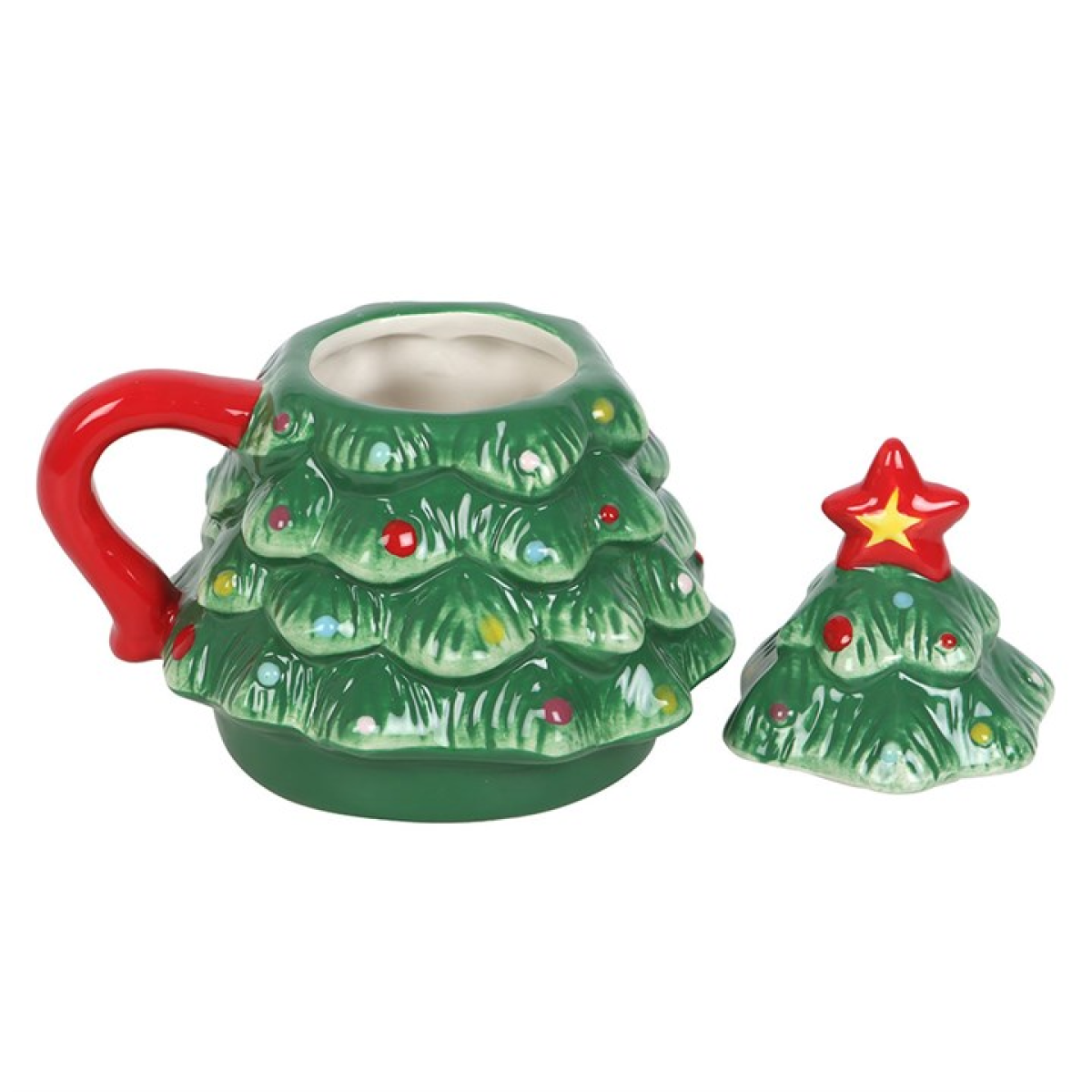 Christmas tree mug with a matching tree-shaped coaster on a white background
