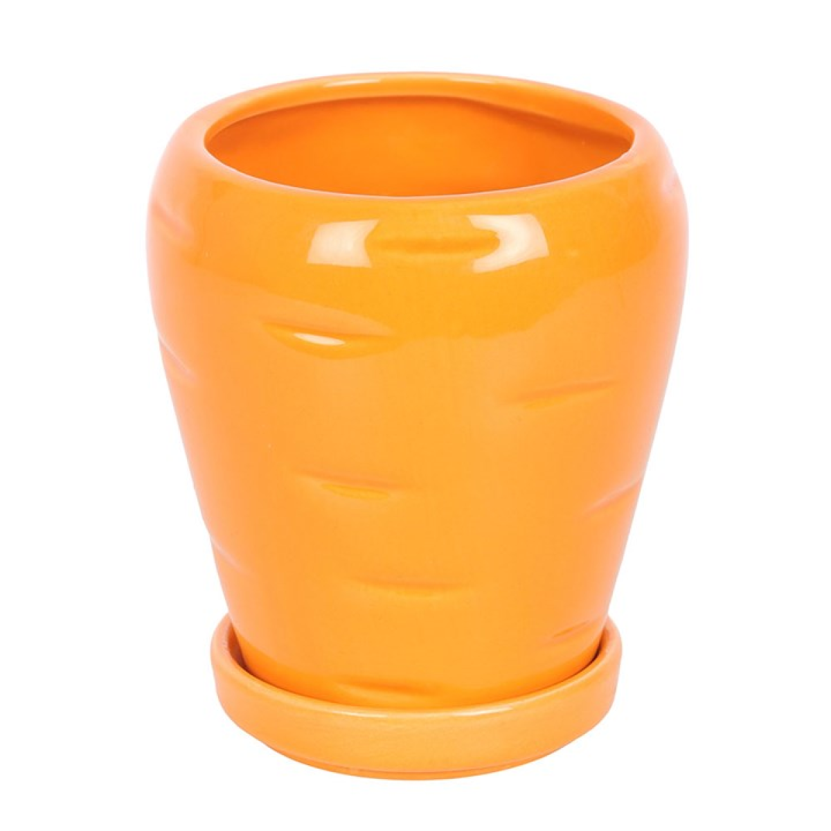 Orange ceramic planter with saucer on a white background