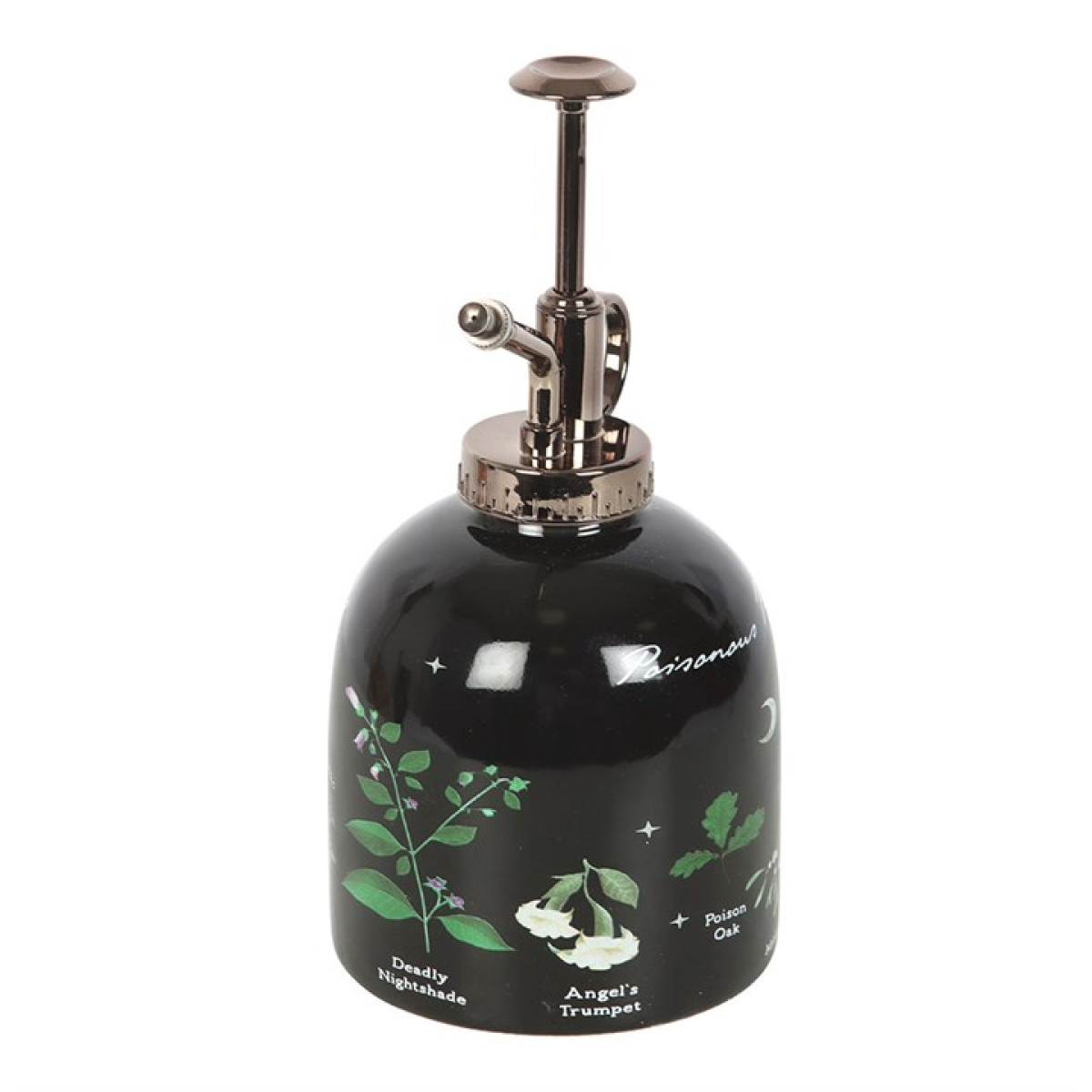 Black ceramic mister with botanical designs on a white background