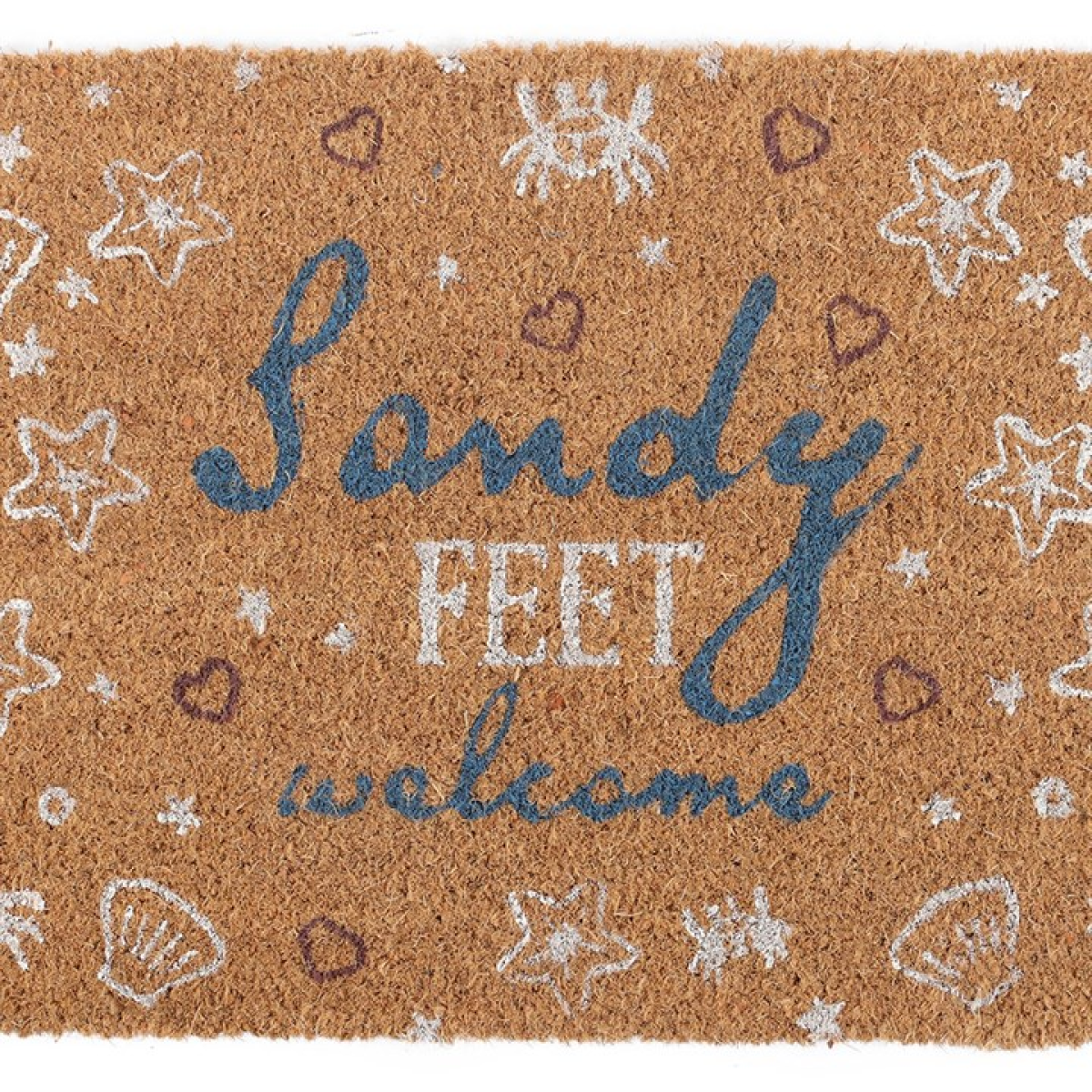Doormat with 'Sandy Feet Welcome' text and beach-themed patterns on a brown background