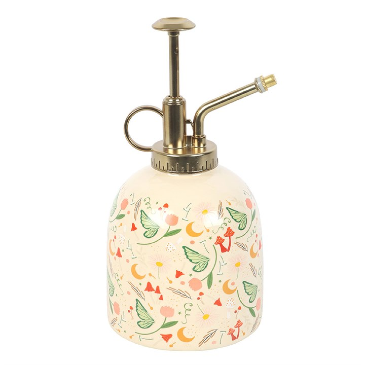 Decorative spray bottle with floral pattern on a white background