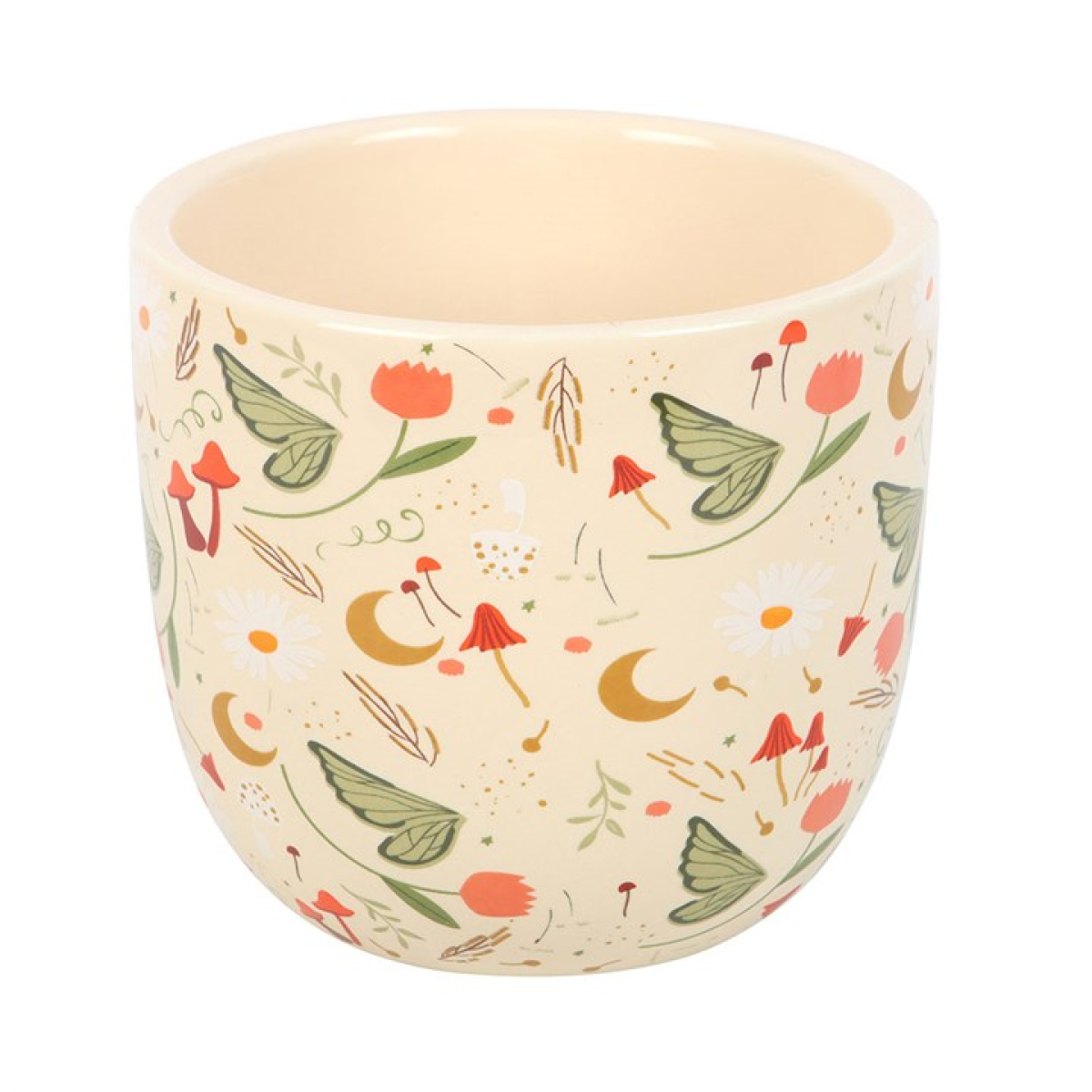 Ceramic cup with floral pattern on a white background