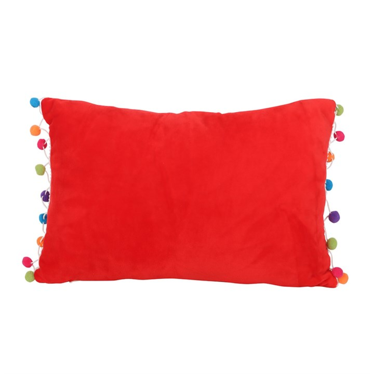 Red pillow with colorful pom-poms on a white background