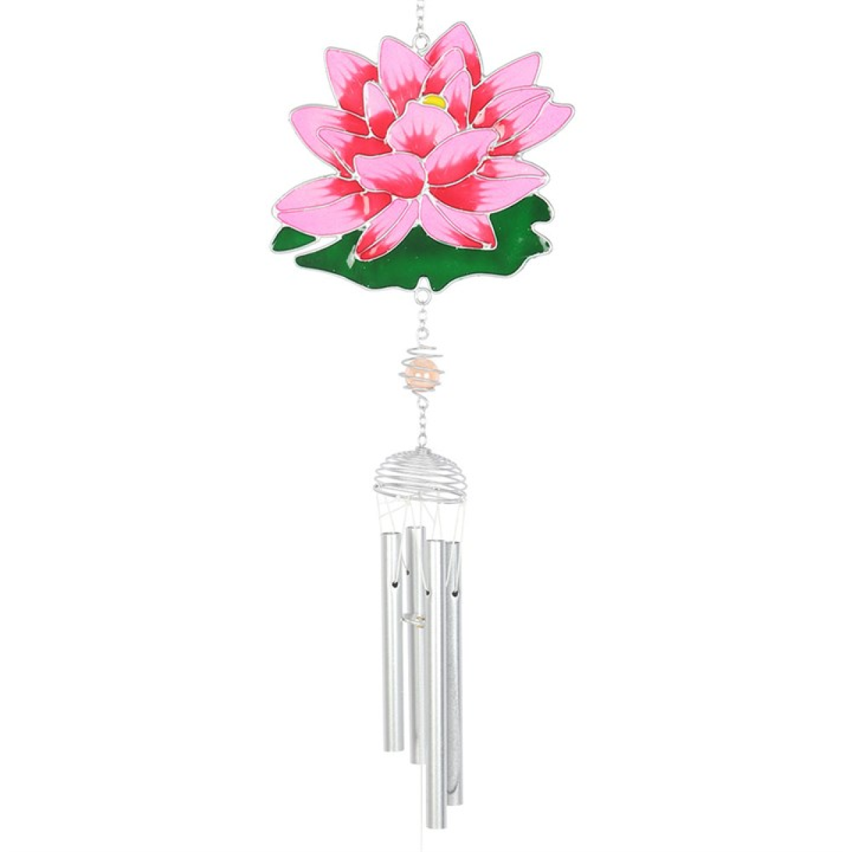 Decorative wind chime with pink lotus flower design on a white background