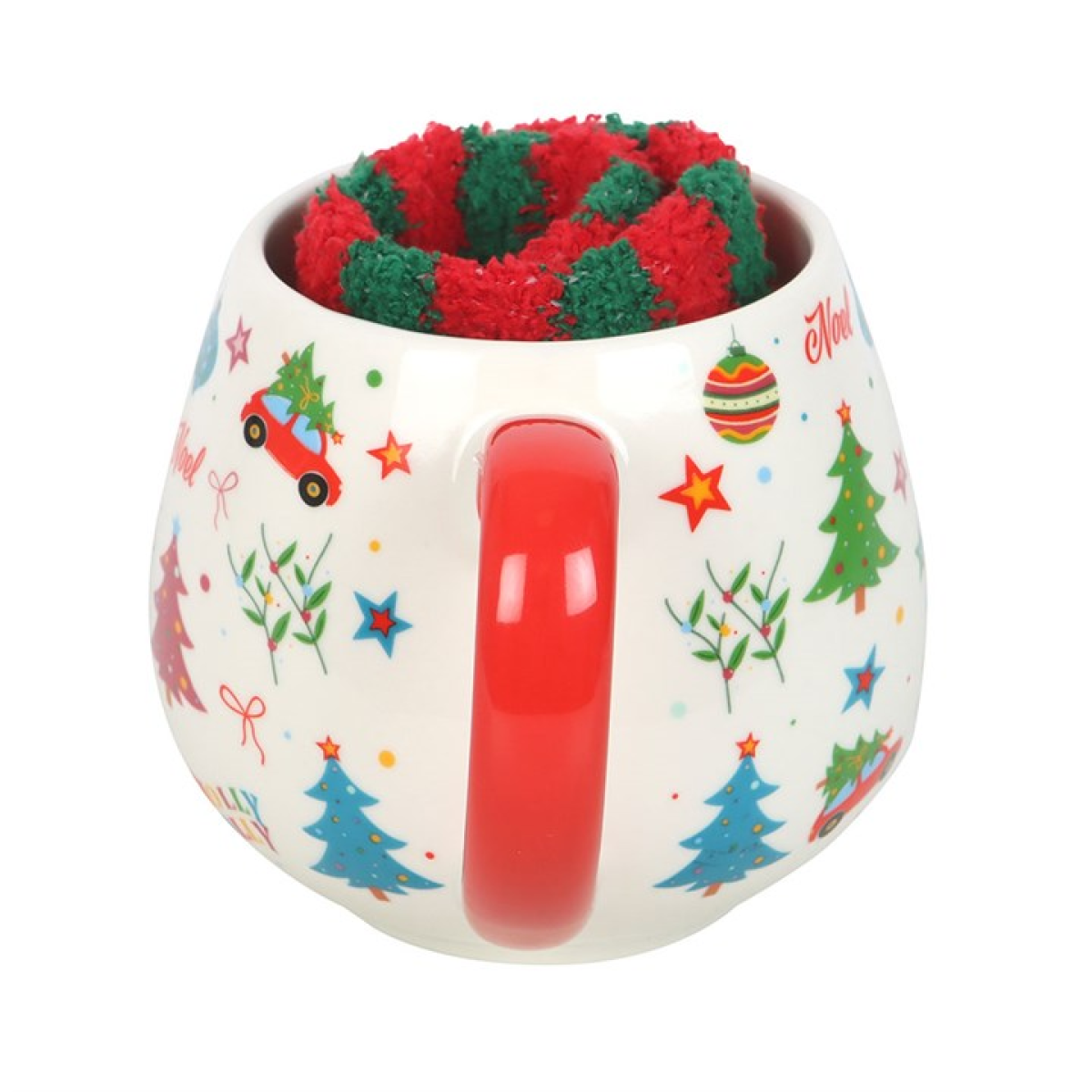 Decorative mug with Christmas-themed design on a white background