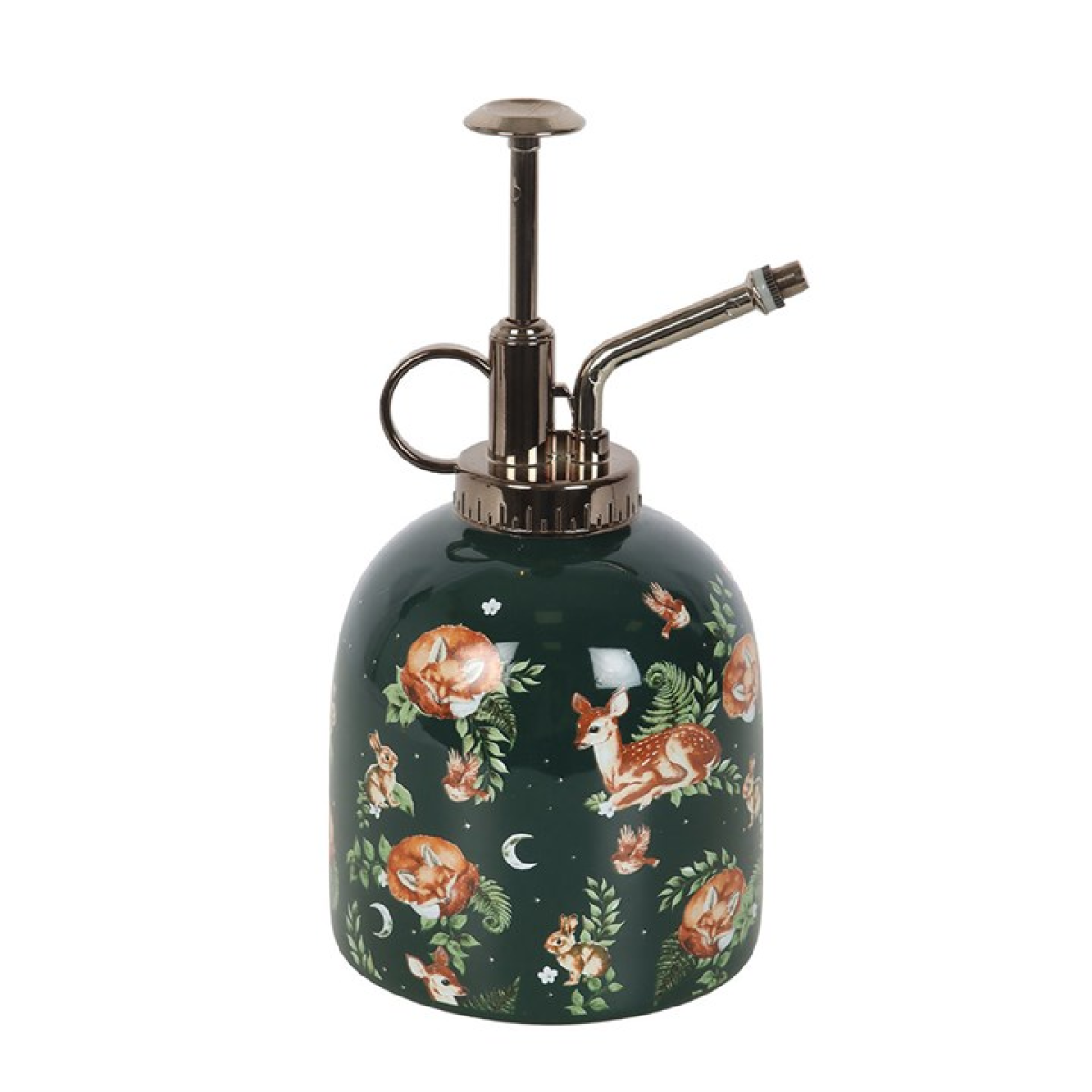 Decorative green bottle with animal illustrations on a white background