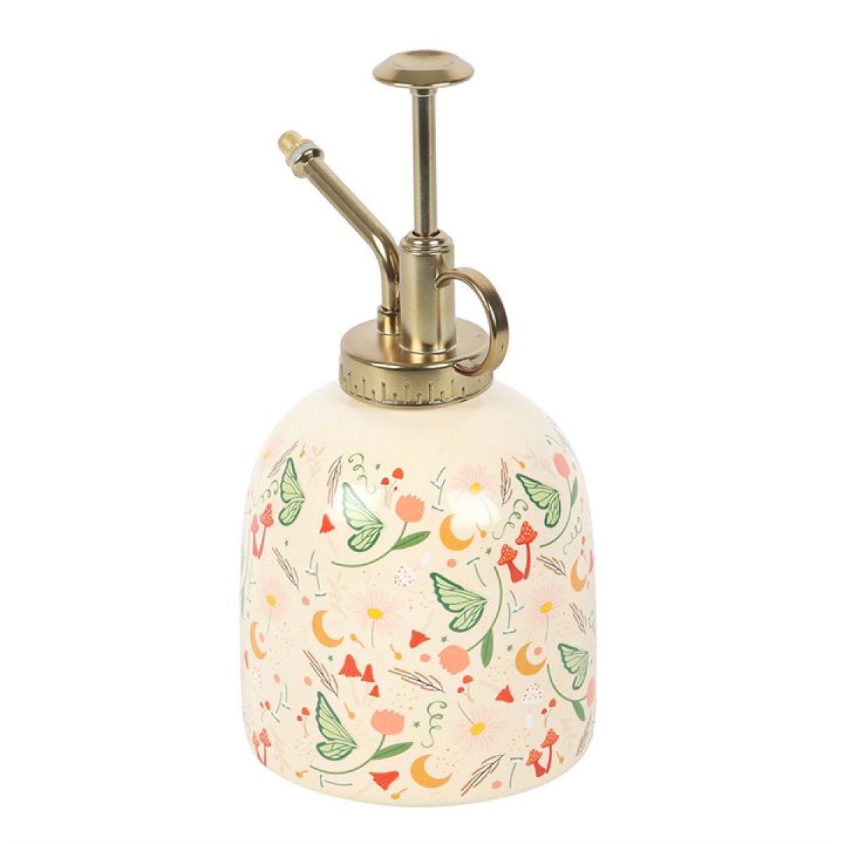 Decorative spray bottle with floral pattern on a white background