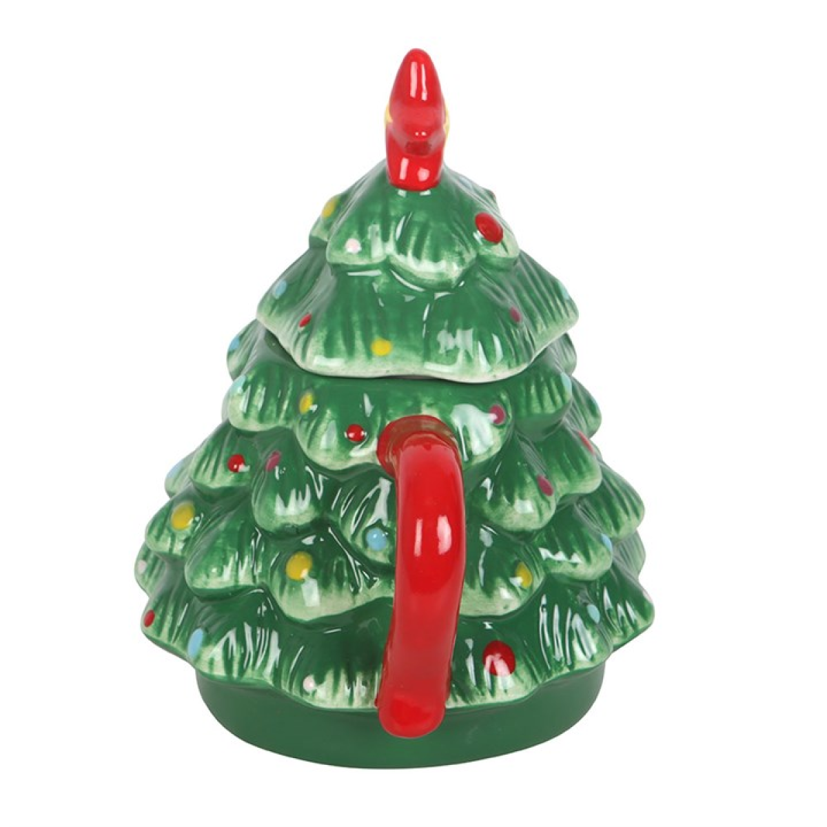 Green ceramic mug shaped like a Christmas tree with red accents on a white background