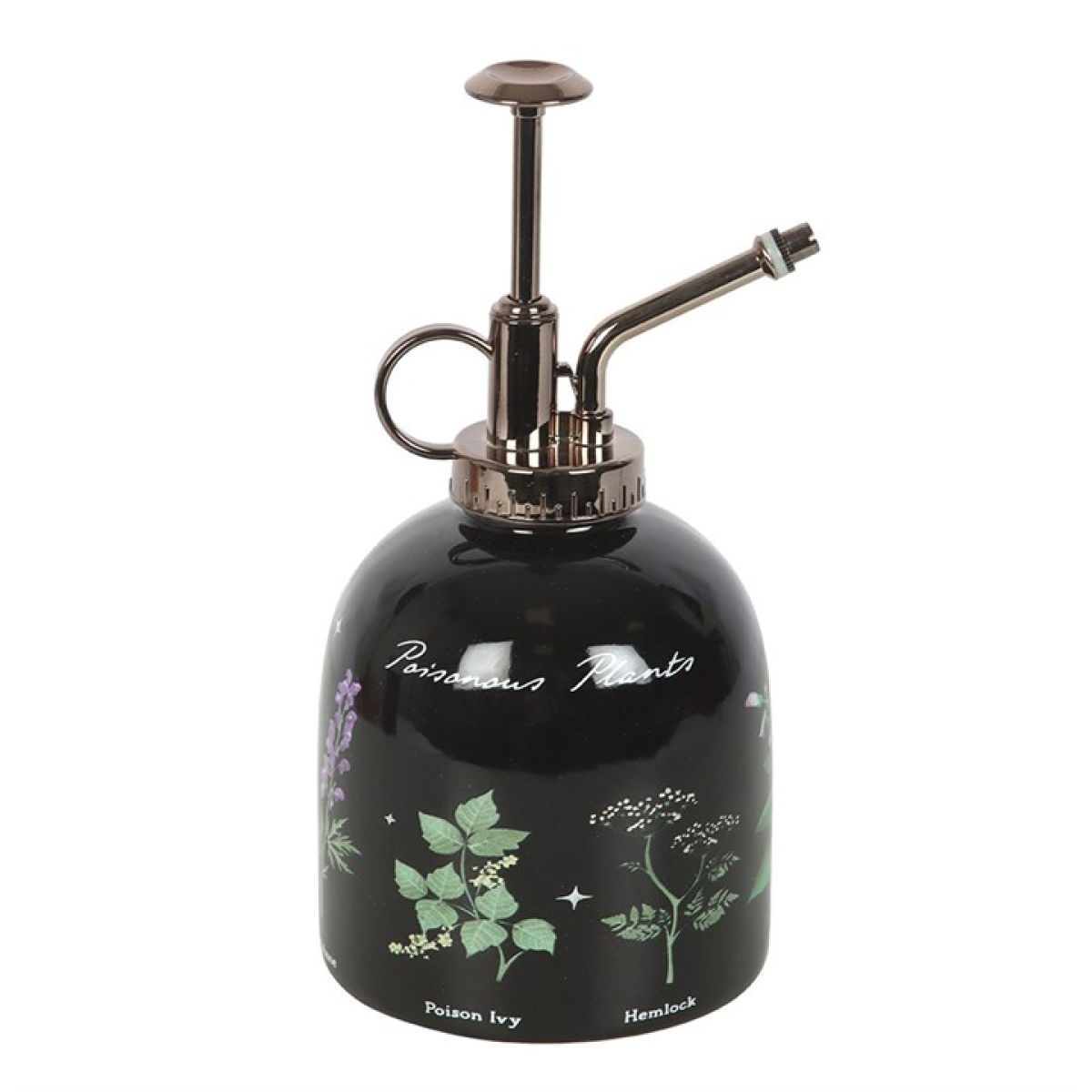 Black ceramic spray bottle with botanical designs and text on a white background