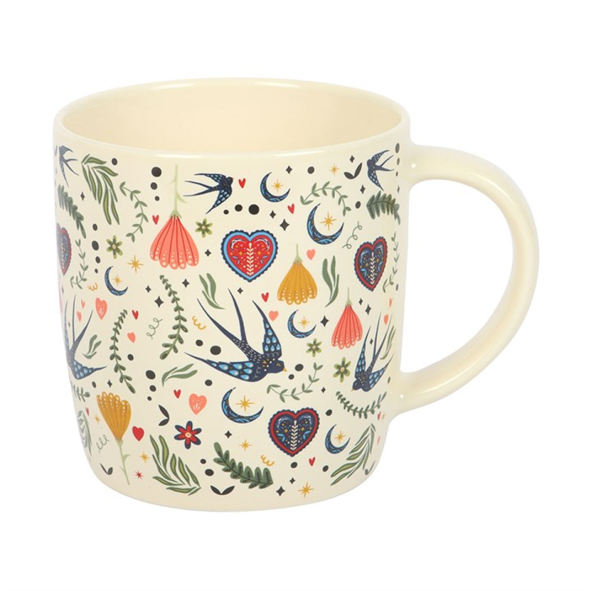 Decorative mug with colorful patterns on a white background