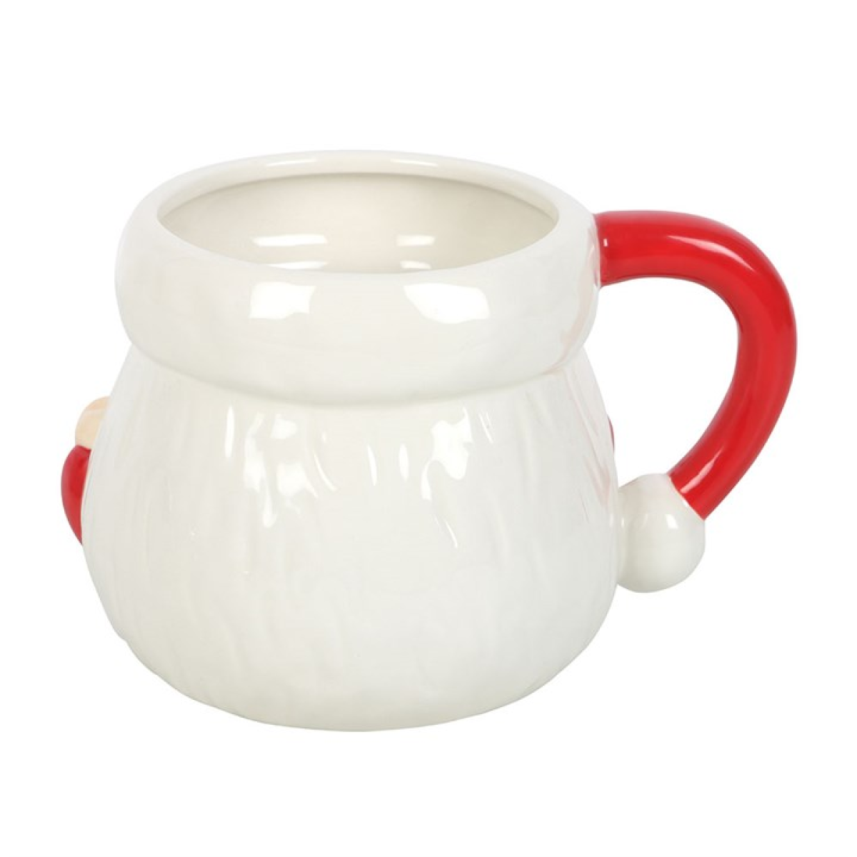 White mug with a red handle on a white background