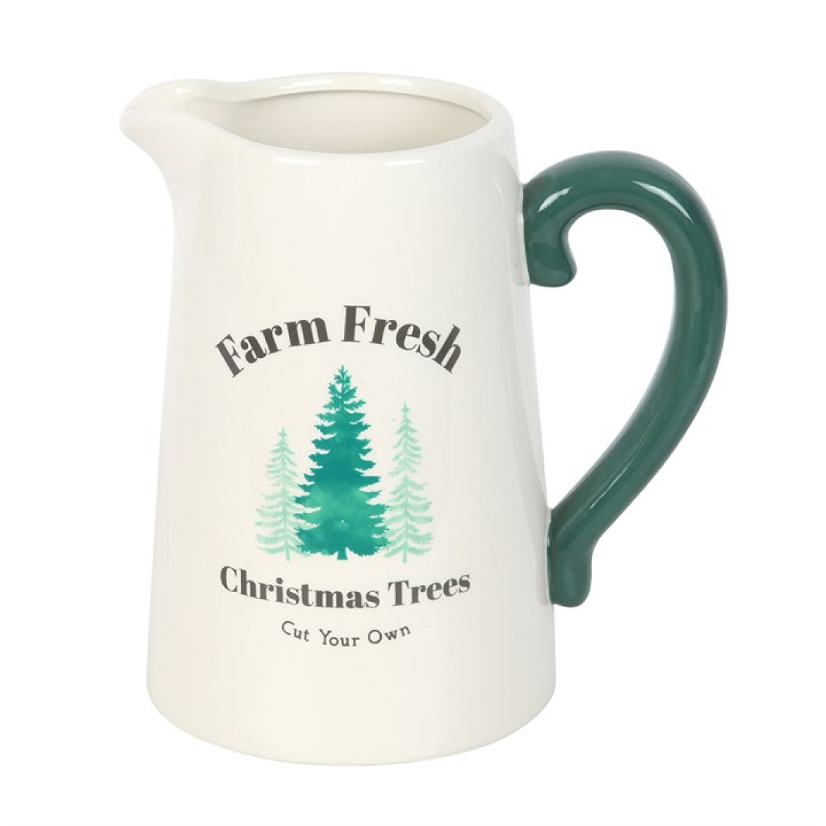 White pitcher with green handle featuring 'Farm Fresh Christmas Trees Cut Your Own' text and tree illustrations on a white background.