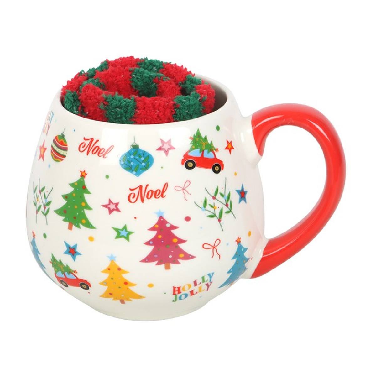 Christmas-themed mug with colorful patterns and a red handle, featuring the word 'Noel'.