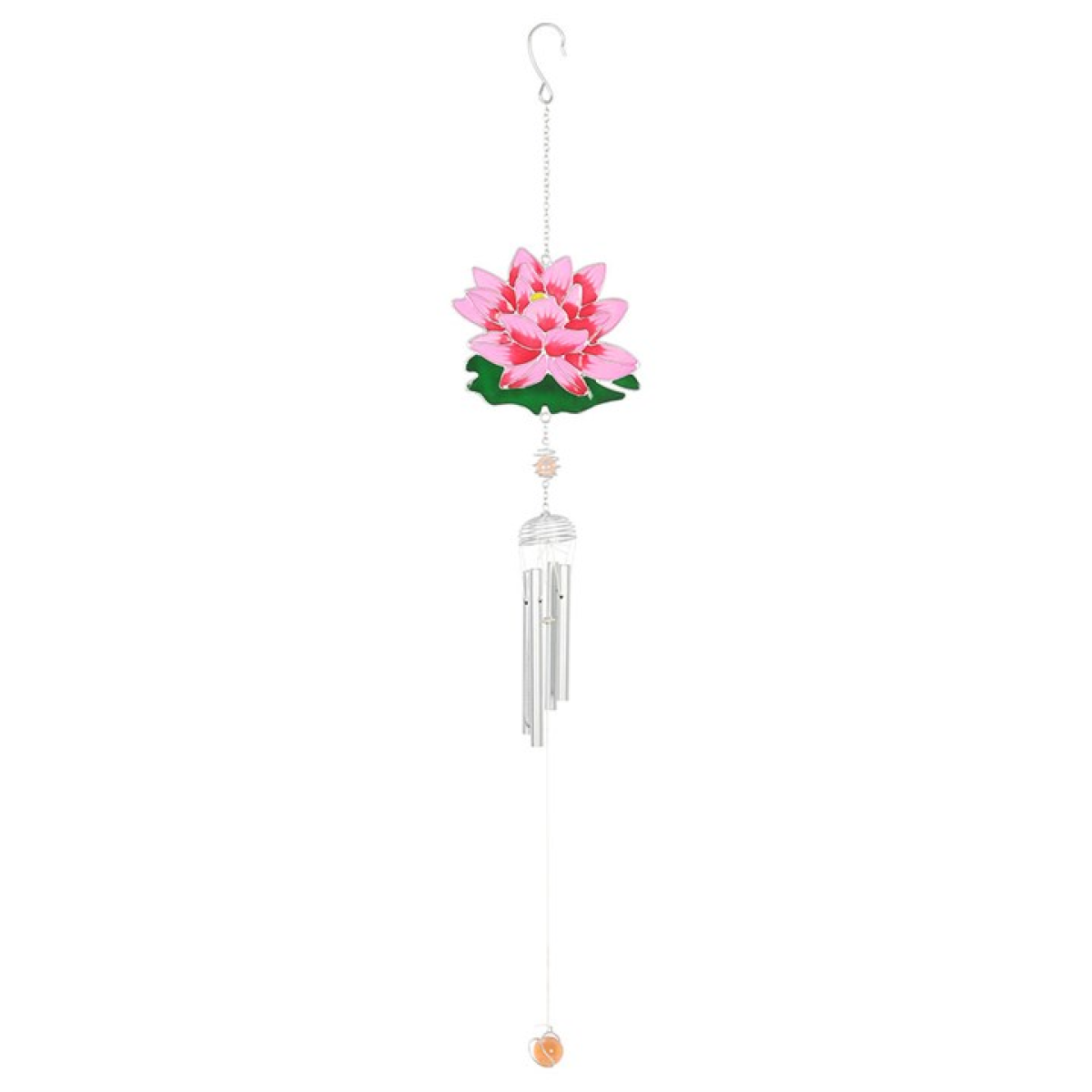 Decorative wind chime with pink flower design on a white background