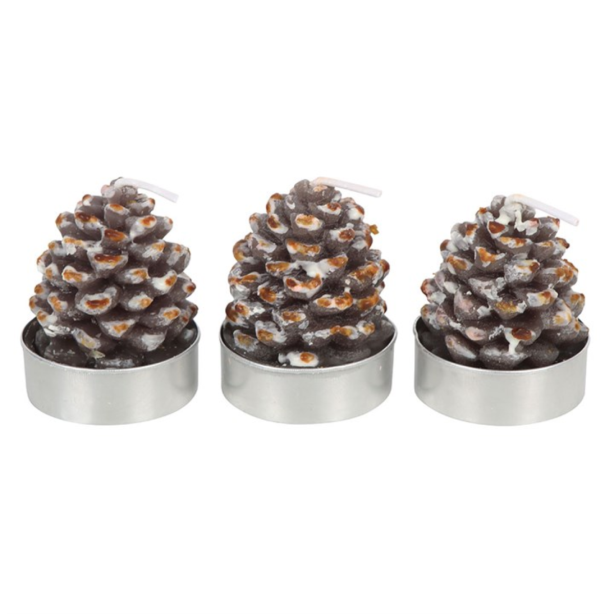 Three pine cone-shaped candles on a white background