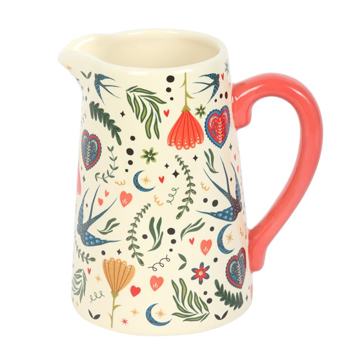 Decorative ceramic pitcher with floral pattern and red handle on a white background