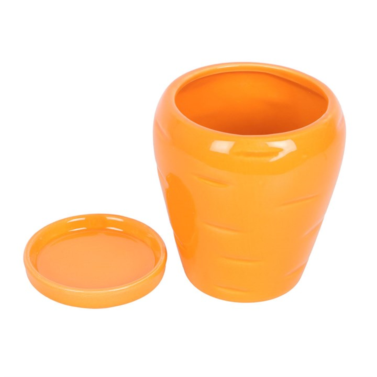 Orange ceramic pot with matching saucer on a white background