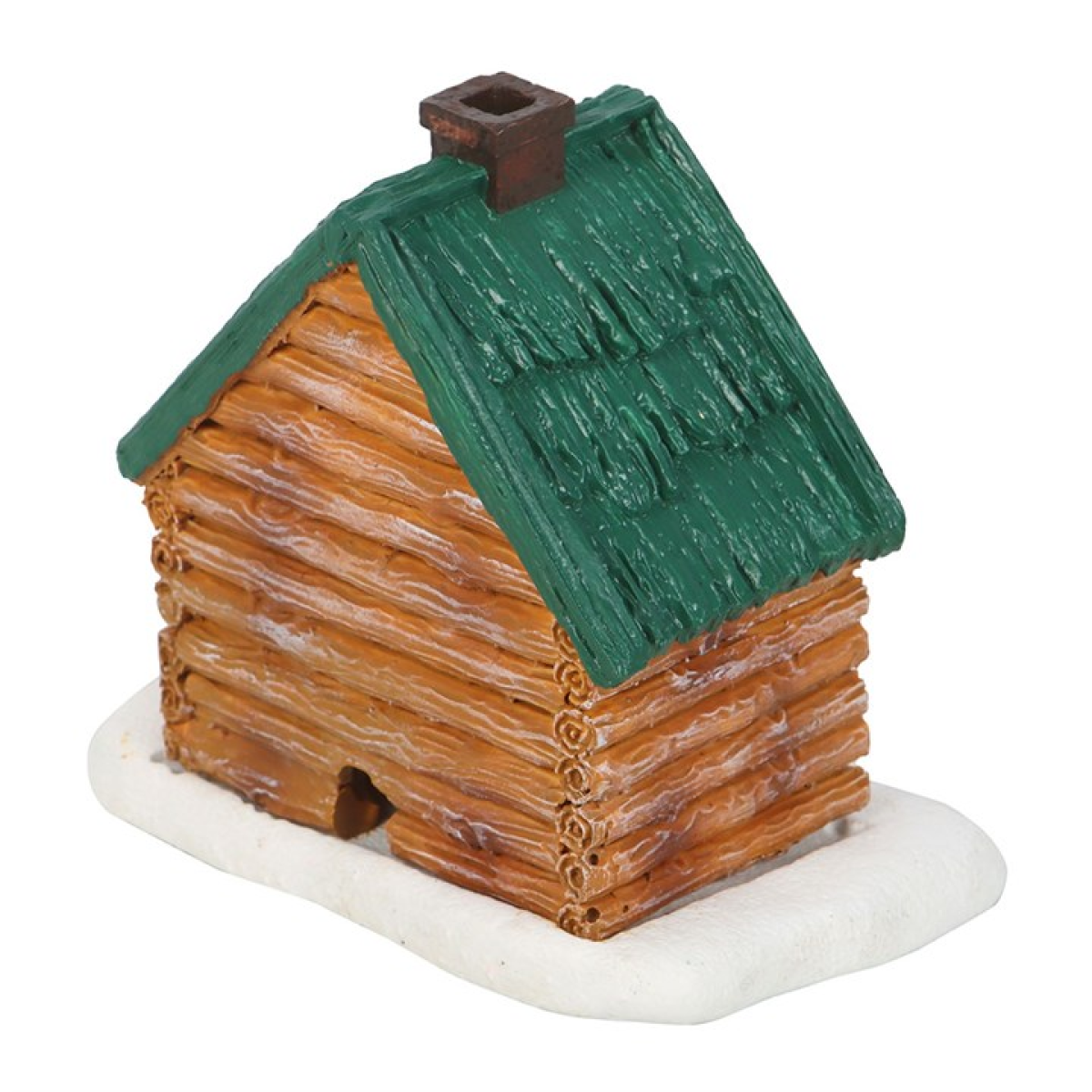 Model of a log cabin with a green roof on a white background
