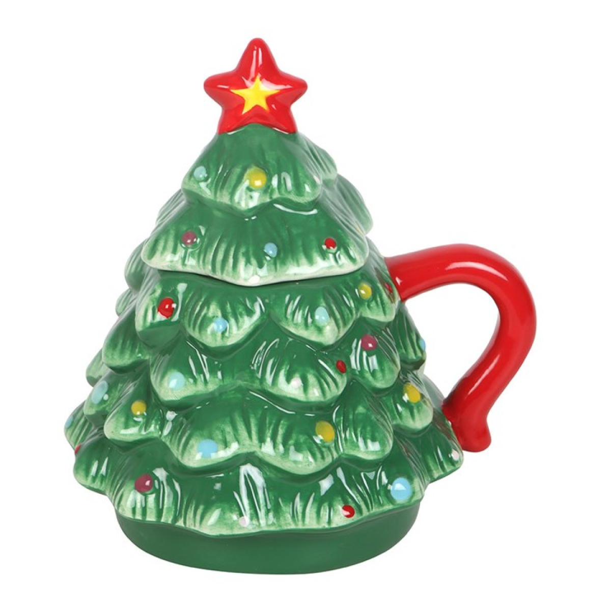 Christmas tree-shaped mug with a red handle and star on a white background