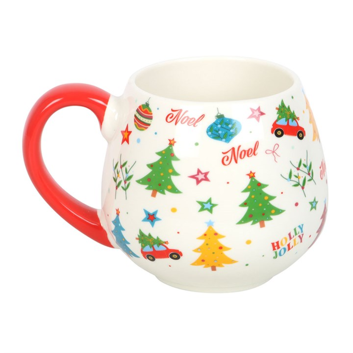 White mug with red handle featuring Christmas-themed designs on a white background