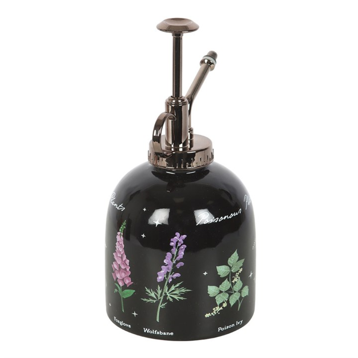 Black ceramic mister with floral designs and text on a white background