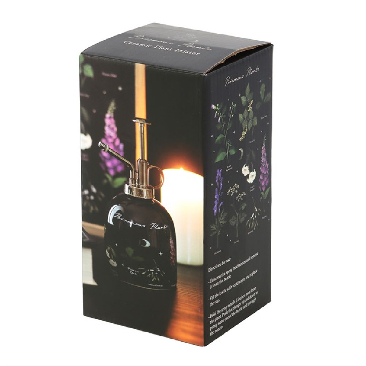 Box packaging of a ceramic plant mixer with a decorative design on a white background